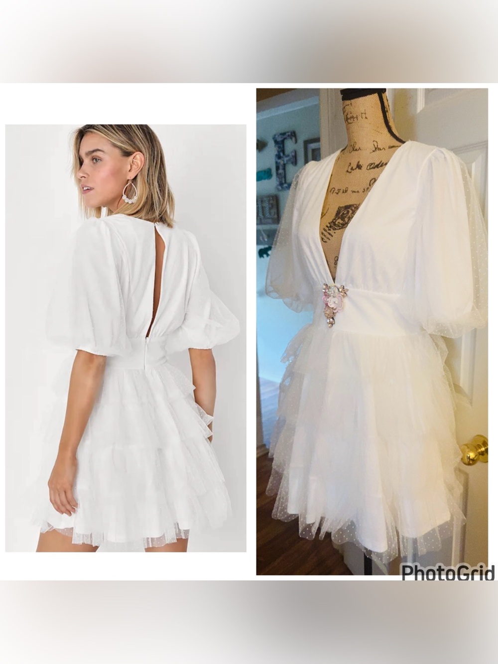 Lulu's Embellished Tiered Tulle Mini Dress with Puff Sleeves M
